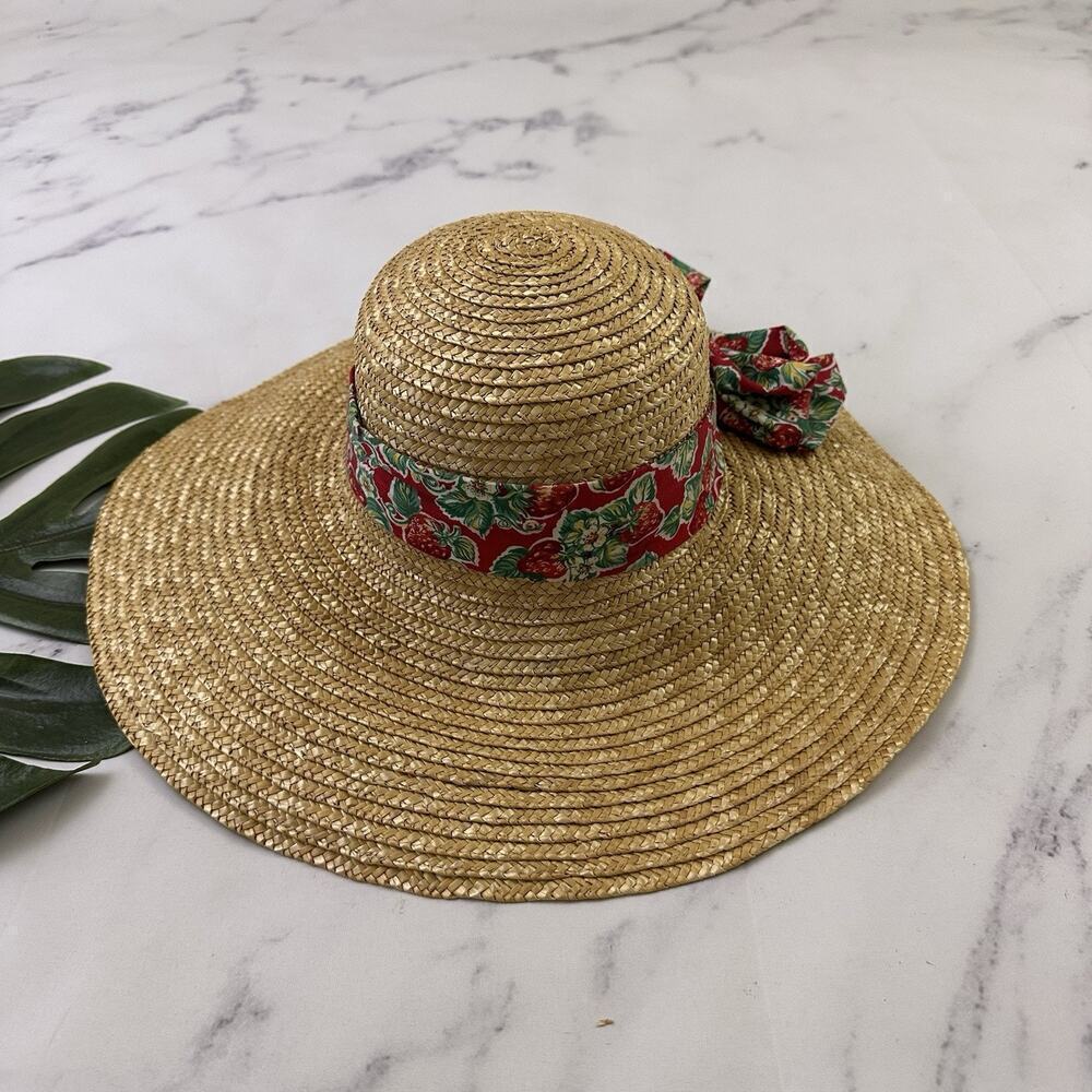 Katinka Womens Vintage 90s Straw Sun Hat Size S Strawberry Ribbon Trim Summer